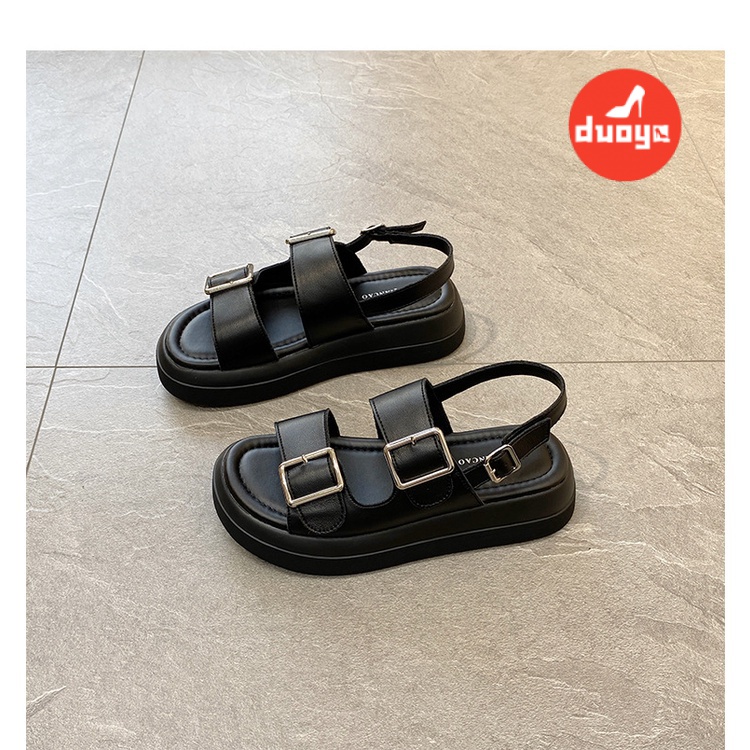 Duoya Tóc Thẳng ~ [Hàng Có Sẵn] Giày Sandal Đế Dày Hở Ngón Bằng Da Mềm Có Khóa Kim Loại Thời Trang Mùa Hè Cho Nữ Miễn Phí Vận Chuyển