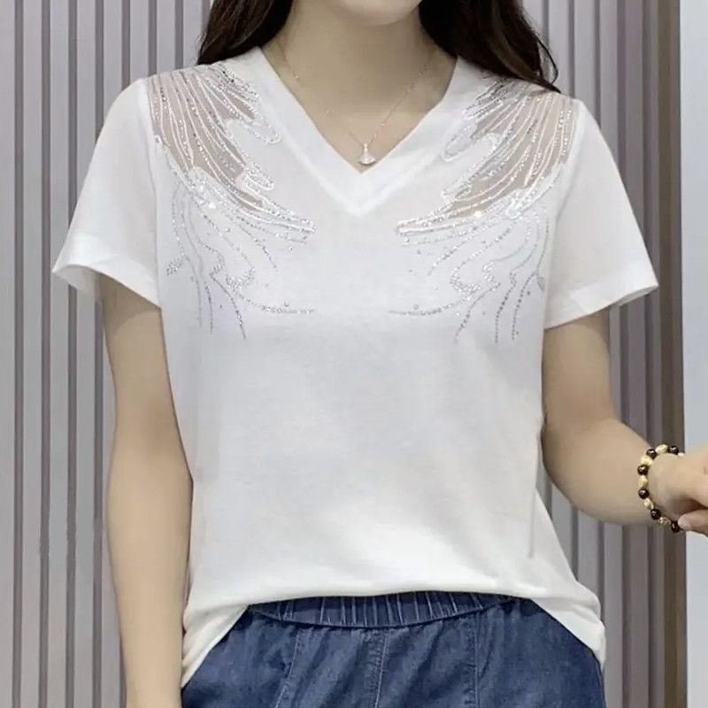 Áo Thun Ngắn Tay Cổ Chữ V Thêu Họa Tiết Thời Trang Mùa Hè 2023 Cho Nữ Ốp
