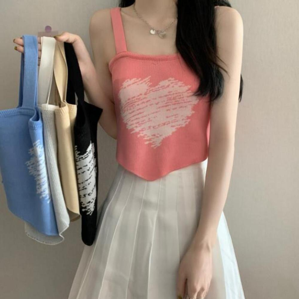 Áo Tank Top Hai Dây Dệt Kim Màu Đen Thiết Kế Độc Đáo Thời Trang Mùa Hè Xinh Xắn Cho Nữ