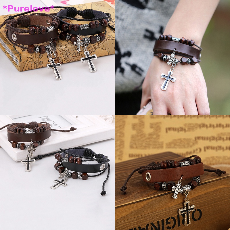 Vòng Tay Giả Da Đính Mặt Thánh Giá Phong Cách Punk Mới