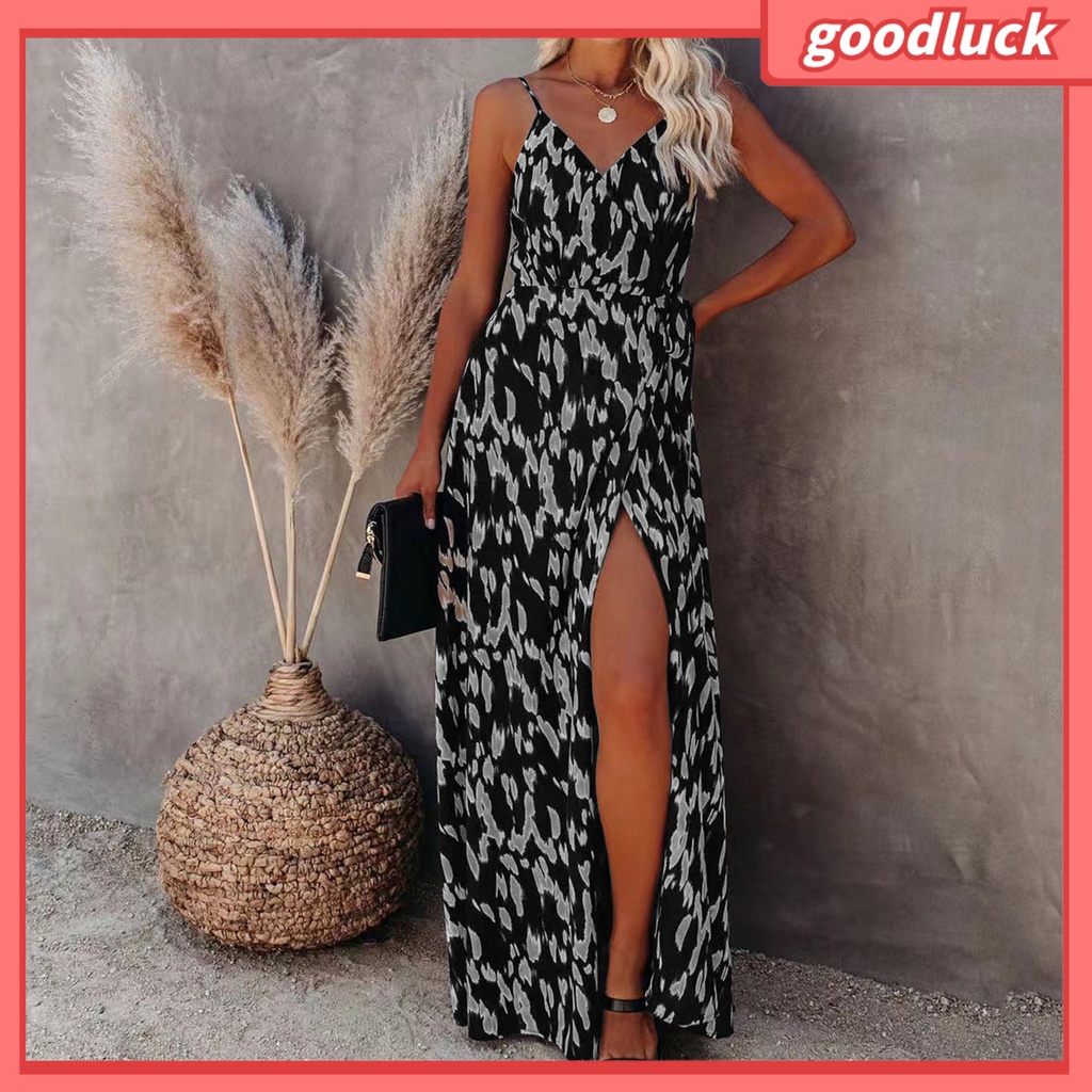 [ULK] Đầm Hai Dây Cổ Chữ V Họa Tiết Ngựa Vằn Hở Lưng Xẻ Tà Ôm Eo Gợi Cảm Cho Nữ