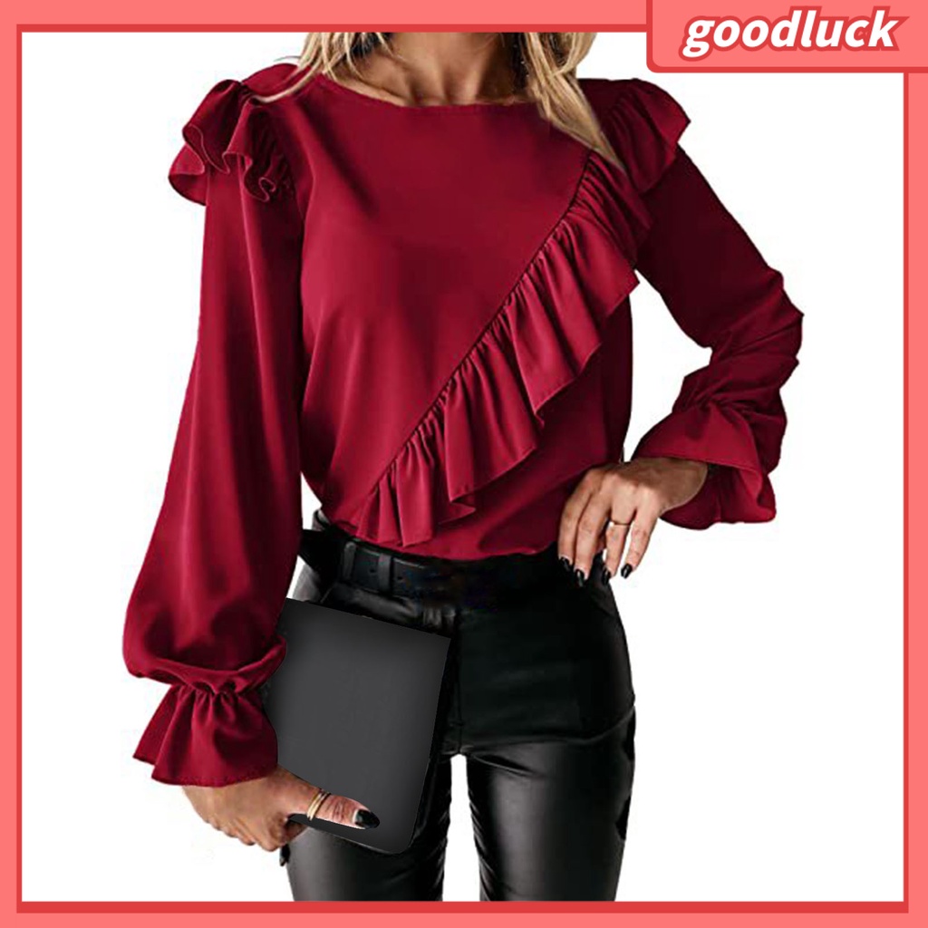 Áo Thun Tay Dài Cổ Tròn Phối Bèo Màu Sắc Trơn Phong Cách Đường Phố Thời Trang Mùa Thu Cho Nữ