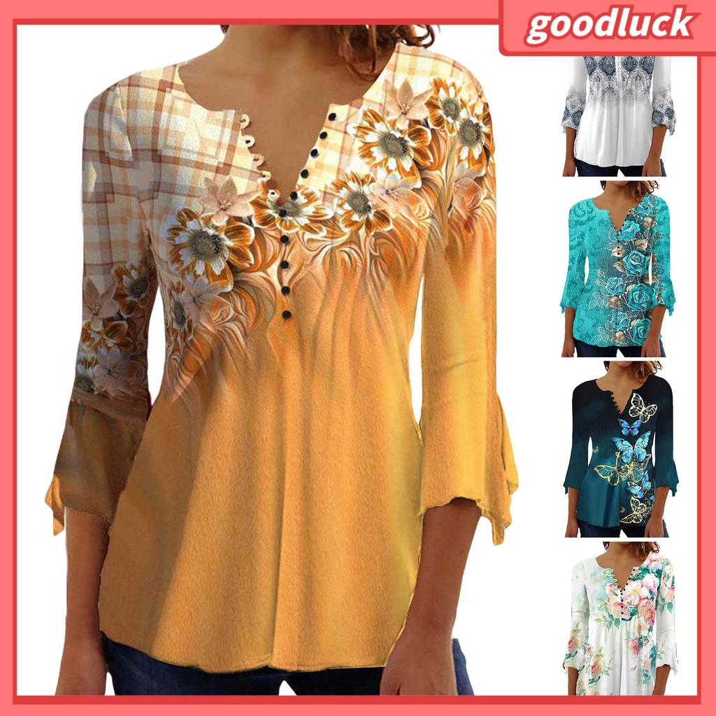 [ULK] Áo Sơ Mi Tay Lửng Dáng Rộng Cổ Chữ V In Hoa Một Hàng Nút Thời Trang Xuân Hè