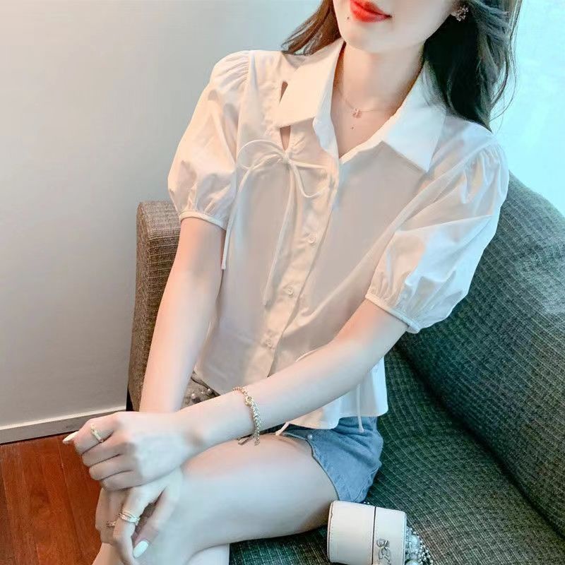 Áo Sơ Mi Tay Ngắn Phồng Ngắn Phối Dây Rút Thời Trang Mùa Hè Hàn Quốc Mới Cho Nữ
