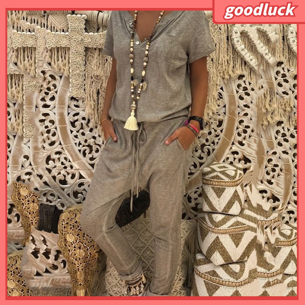 Áo liền quần Tay Ngắn Cổ Chữ V Màu Sắc Thanh Lịch