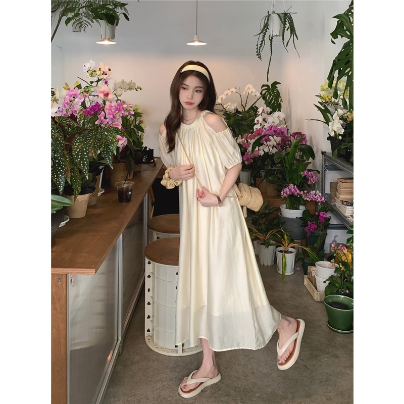 Đầm chiffon Dài Tay Ngắn Dáng Rộng Trễ Vai Phong Cách Hàn Quốc Xinh Xắn Cho Nữ
