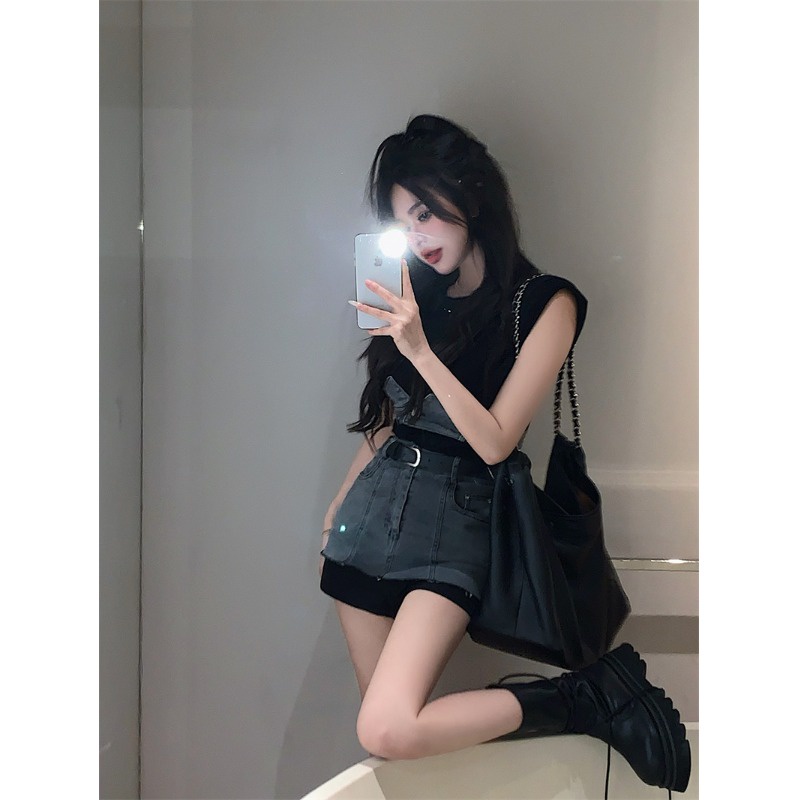 Set Áo Thun Ngắn Tay + Chân Váy Denim Thời Trang Mùa Hè Phong Cách Mới Cho Nữ