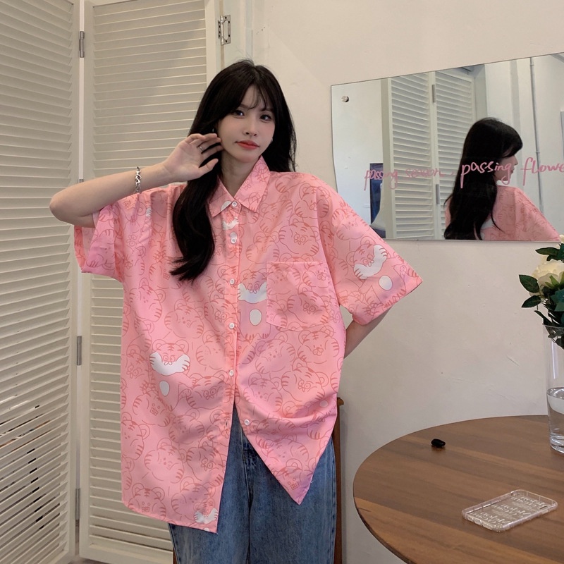 Áo Sơ Mi Tay Ngắn Dáng Rộng Họa Tiết In Phong Cách Hong Kong Cá Tính