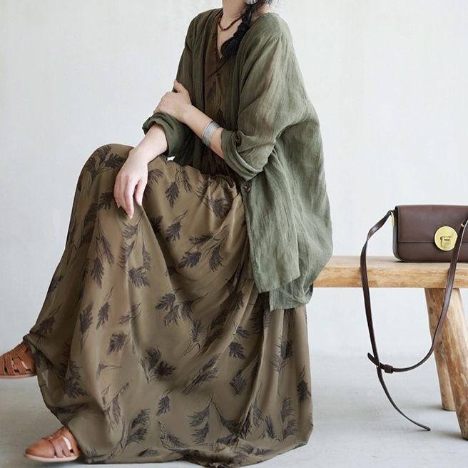 [F &amp; X] Đầm Voan Dáng Dài In Họa Tiết Sang Trọng Thời Trang Xuân Hè 2023