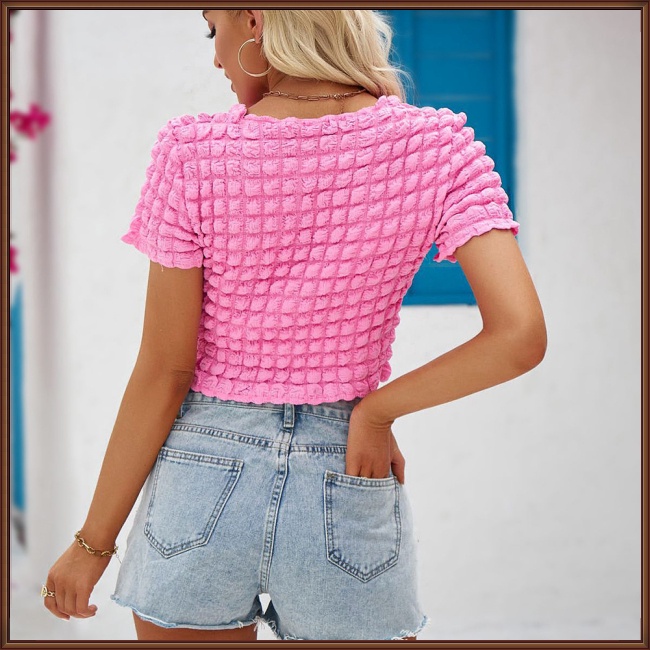 Áo Croptop Tay Ngắn Cổ Tròn Màu Trơn Họa Tiết Chấm Bi Đơn Giản Thời Trang Cho Nữ