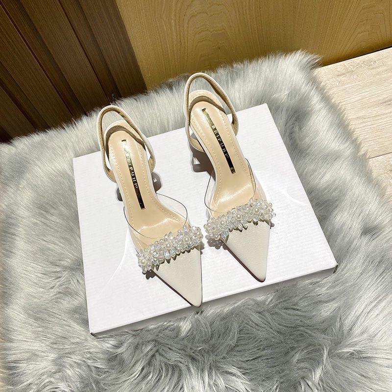 2023 Baotou sandals Women's Spring French transparent pointed small heel white high heels thin heel single shoes LZYF
