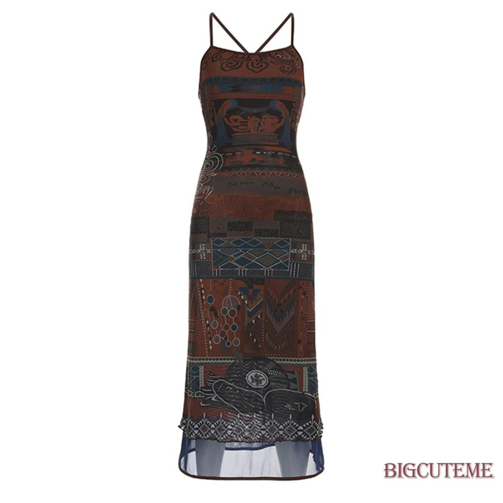 Đầm Dài Không Tay Hở Lưng Dáng Ôm In Họa Tiết Vintage Thời Trang Mùa Hè Dành Cho Nữ