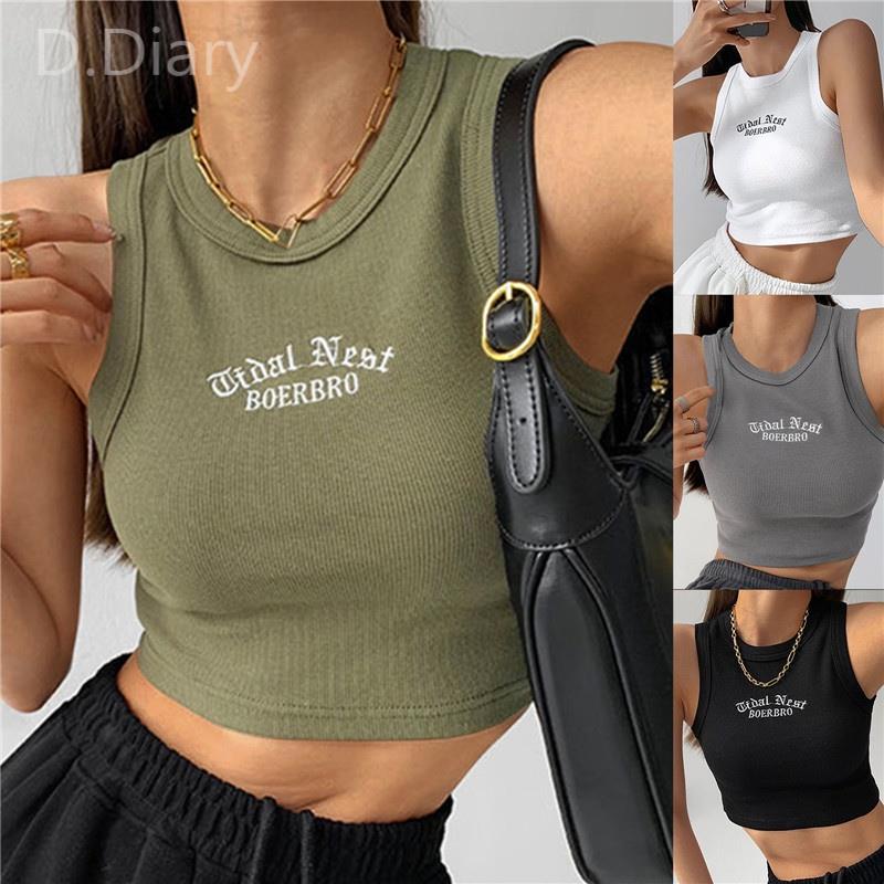 Áo Croptop Sát Nách Dệt Kim Thêu Chữ Màu Trắng Đen Thời Trang Mùa Hè Cho Nữ dreamdiary