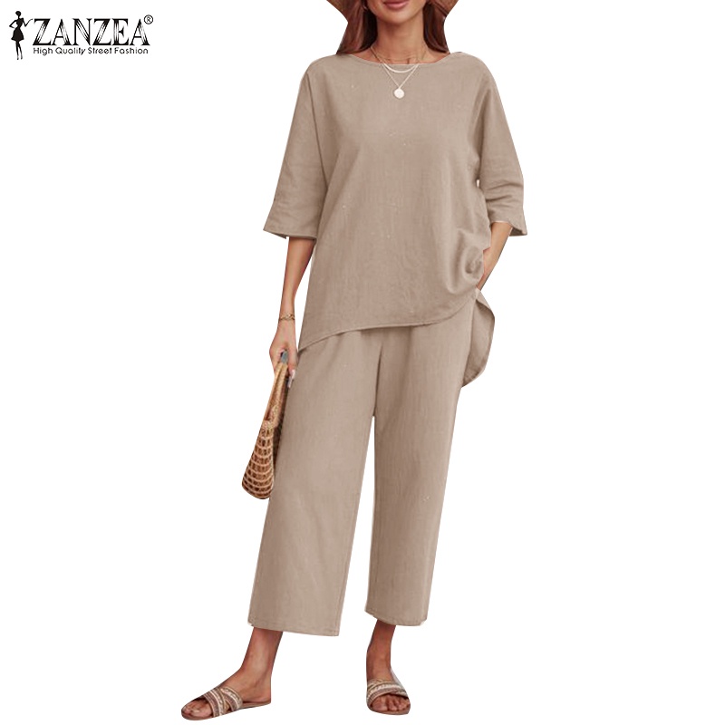 Bộ đồ ZANZEA gồm áo tay lửng cổ tròn phối quần dài lưng cao có túi phong cách cổ điển thời trang cho nữ