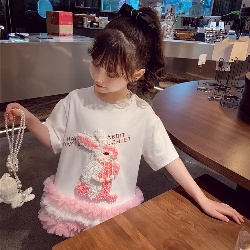 Đầm Thun Cotton Tay Ngắn In Hình Thỏ Thời Trang Mùa Hè Mới Cho Bé Gái