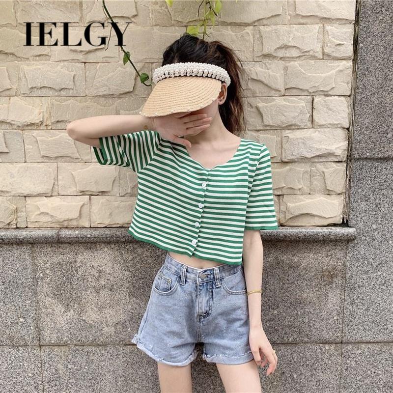 IELGY    Áo Thun Ngắn Tay Họa Tiết Sọc Ngang Thời Trang Dành Cho Nữ