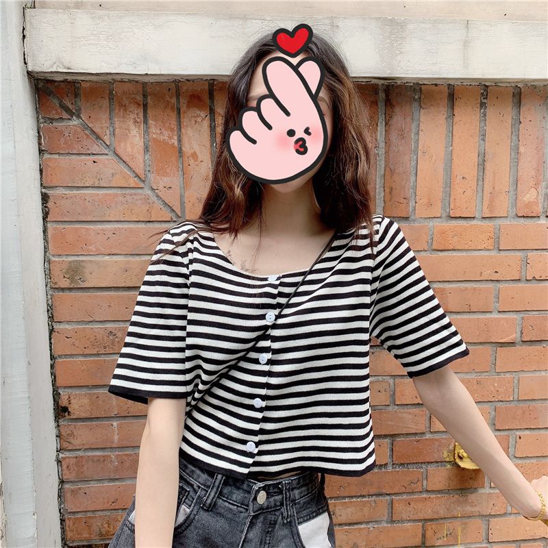 IELGY    Áo Thun Ngắn Tay Họa Tiết Sọc Ngang Thời Trang Dành Cho Nữ