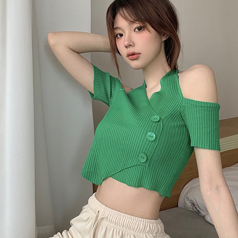 IELGY    Áo Thun Tay Ngắn Cổ Chữ v Hở Vai Phong Cách retro Dành Cho Nữ