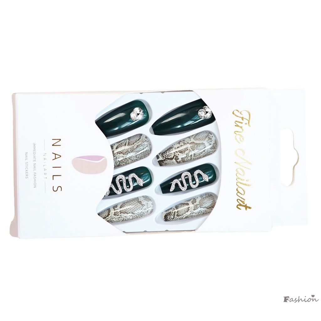 Móng Tay Giả Dài Màu Xanh Lá In Họa Tiết Da Rắn Chống Nhòe
