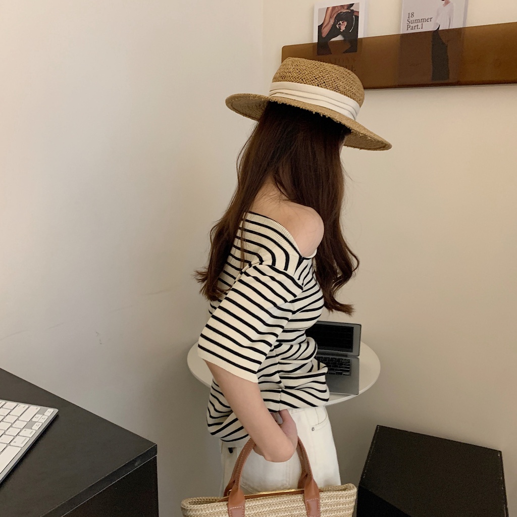 Áo Thun Tay Ngắn Kẻ Sọc Một Đường Kẻ Ôm Dáng Vừa Vặn Mùa Hè Hàn Quốc Cho Nữ