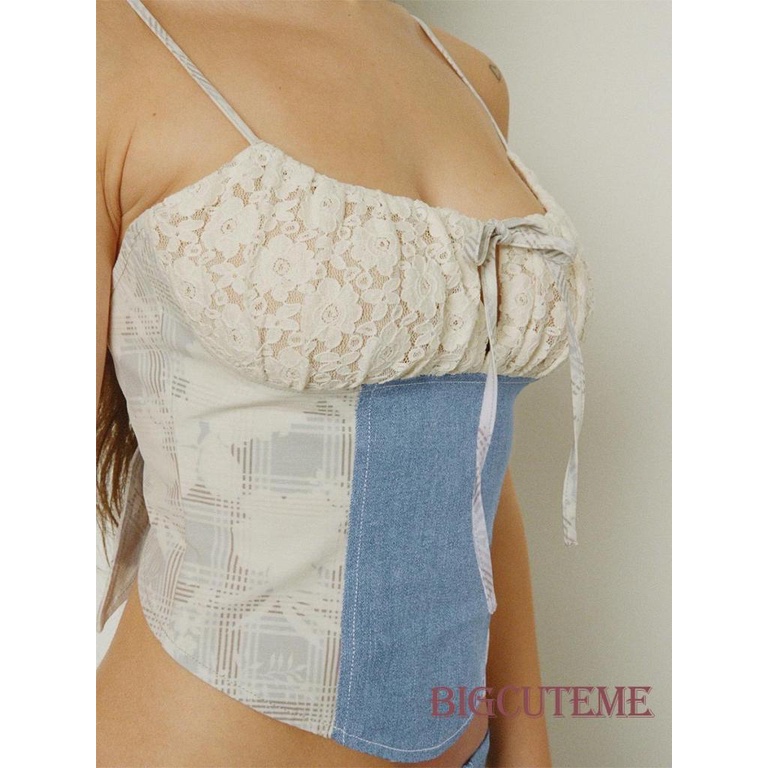 Áo Denim Hai Dây Phối Ren Phong Cách Đường Phố Thời Trang Mùa Hè Cho Nữ