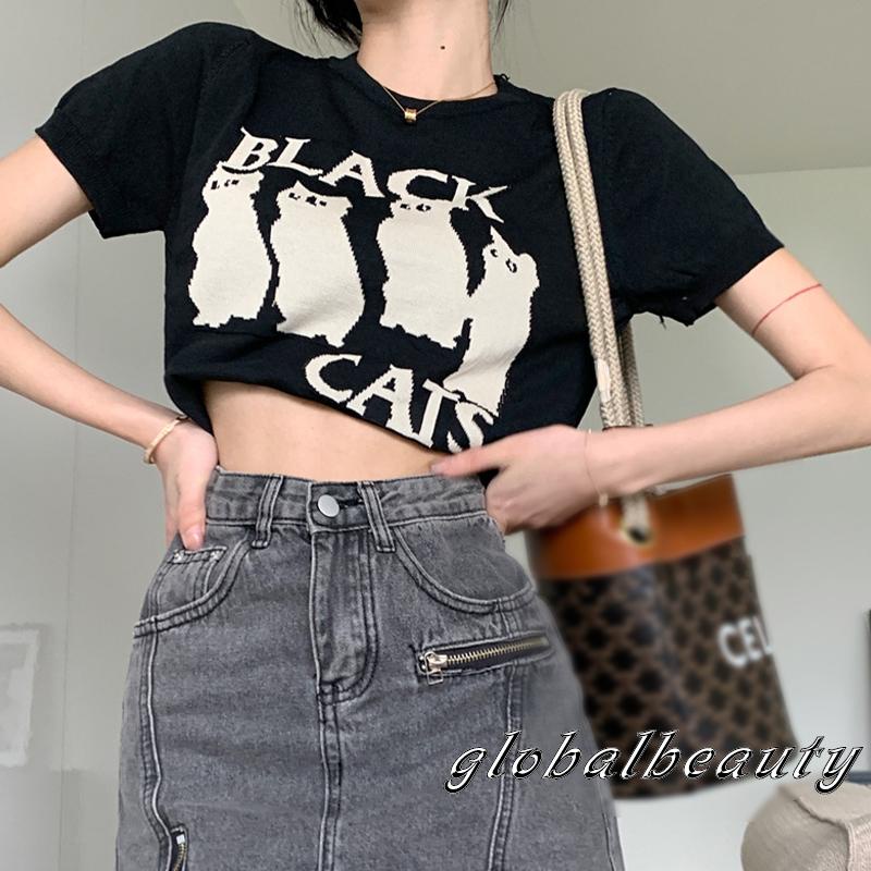 Áo Thun Tay Ngắn Cổ Tròn In Hình Mèo Thời Trang Dành Cho Nữ