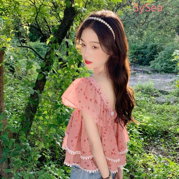 Áo Sơ Mi Tay Phồng Cổ Bẻ Họa Tiết Hoa Ngọt Ngào Thời Trang Mùa Hè Cho Nữ