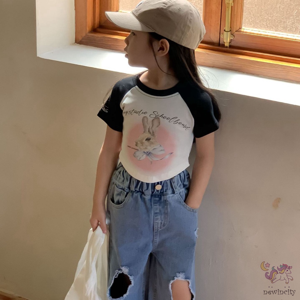 Áo Thun Tay Ngắn In Hình Thỏ Dễ Thương Phong Cách Hàn Quốc Cho Bé Gái
