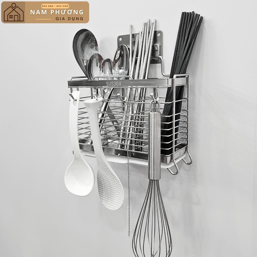 Ống Cắm Đũa Inox Để Bàn/Treo Tường Có Khay Hứng Nước K28 - Giữ đũa, thìa, dĩa luôn sạch sẽ và tiện lợi