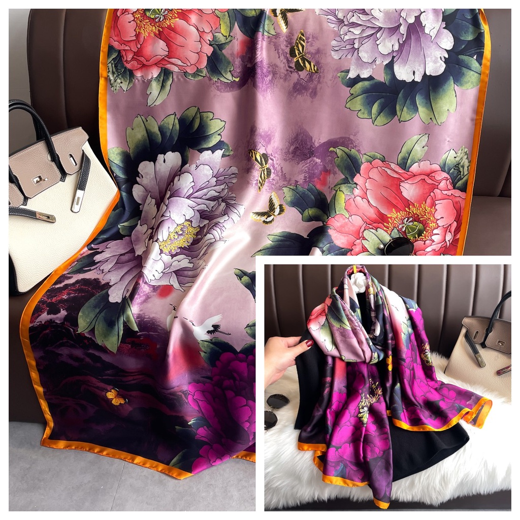 Khăn Quàng Cổ Chống Nắng Bằng Lụa Cỡ Lớn 180 * 90CM In Họa Tiết Hoa Mẫu Đơn Sang Trọng Cho Nữ