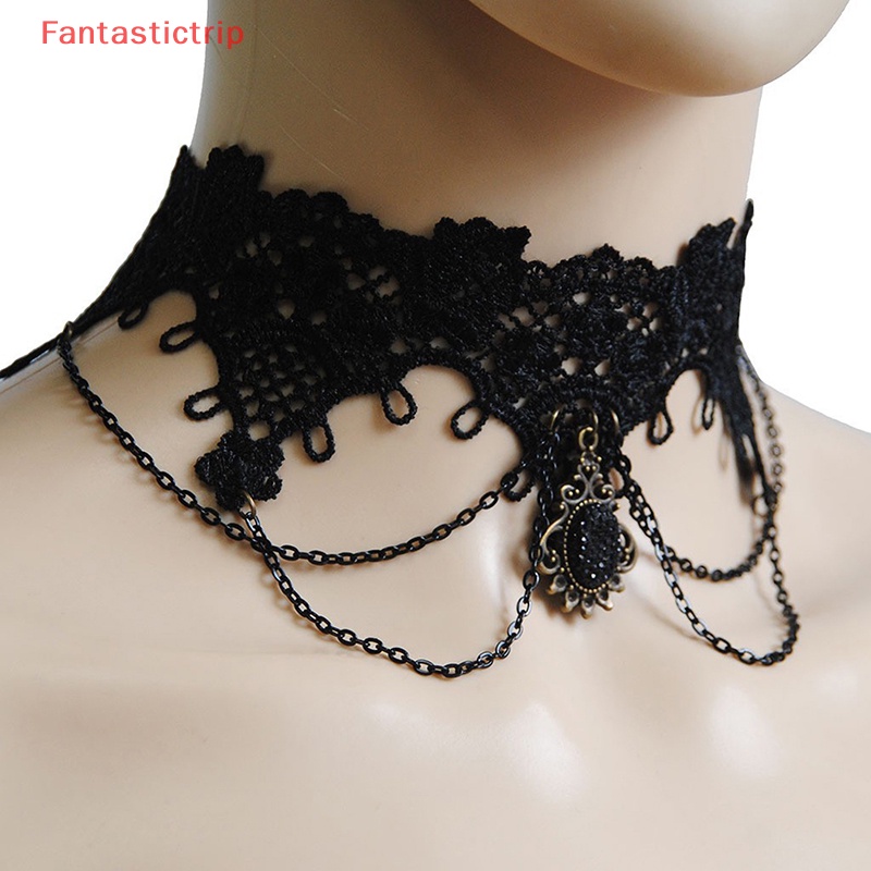 [Fantastictrip] Vòng Cổ Choker Ren Đính Hạt Và Tua Rua Phong Cách Punk Gothic Cổ Điển Kiểu Dáng Mới