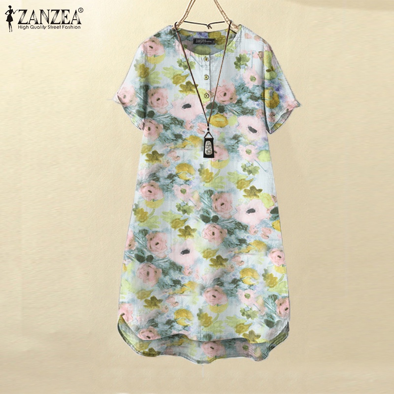 Zanzea Đầm Mini Ngắn Tay Cổ Tròn Form Rộng In Họa Tiết Thời Trang Cho Nữ