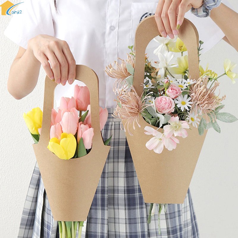Túi Giấy Kraft Đựng Bó Hoa Có Tay Cầm Tiện Dụng Trang Trí Nhà Cửa DIY