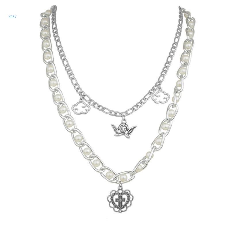 Vòng cổ Ngọc Trai Mặt Thánh Giá Và Trái Tim NERV Y2K Phong Cách Harajuku Goth 90s