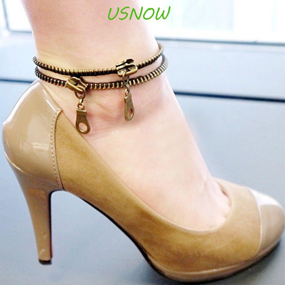 Lắc Chân Dạng Chuỗi Xích Bằng Đồng Thiết Kế Khóa Kéo Độc Đáo Phong Cách Punk Cổ Điển