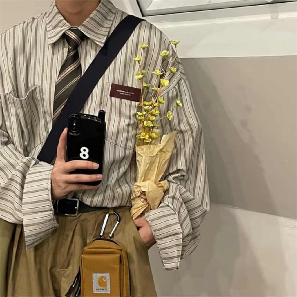 Cao Cấp Nam  Áo Nam  Trẻ Trung  Hàn Quốc  Bigsizenam Cotton Áo Sơ Mi  Màu Be Phom Rộng Không Nhăn Áo Sơ Mi Nam Hoạ Tiết Dài Tay