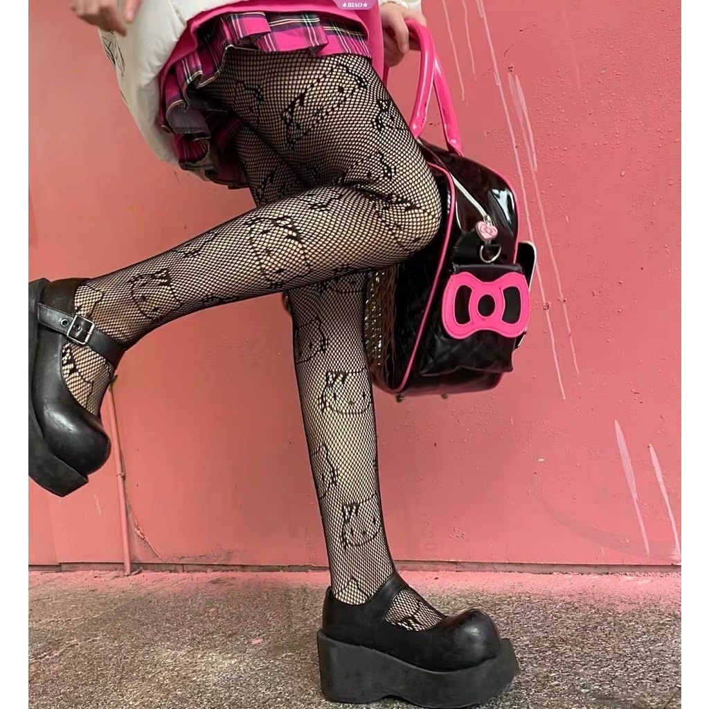 Quần Tất Lưới Mỏng Thoáng Khí In Hình Mèo Kitty Màu Đen Phong Cách Lolita Gợi Cảm Cho Nữ