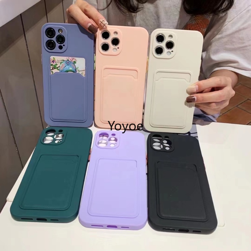 Ốp Điện Thoại Silicone Màu Trơn Dạng Ví Trượt Bảo Vệ Ống Kính Máy Ảnh Cho iPhone 14 13 11 12 Pro Max XR XS X 7 8 Plus SE