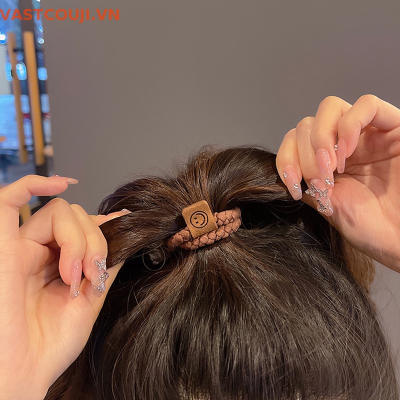 Bộ 5 Dây Buộc Tóc Cao Su Co Giãn Hình Mặt Cười Đơn Giản Phong Cách Hàn Quốc Cho Nữ