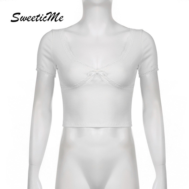 Áo Thun Tay Ngắn Cổ Chữ V Màu Trơn Phối Ren Thời Trang 2023 Cho Nữ