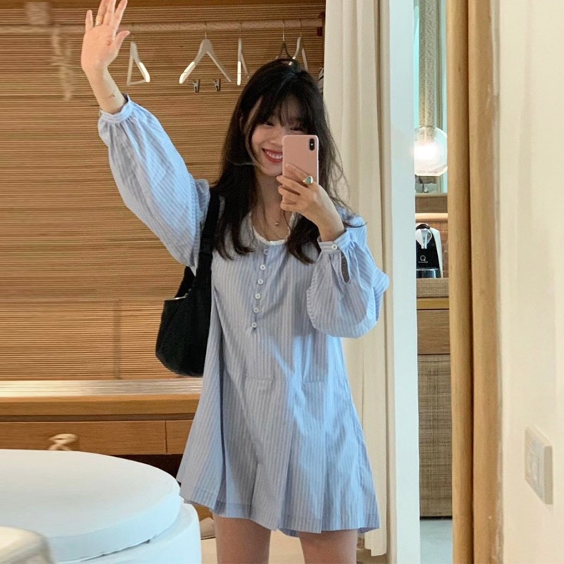 Jumpsuit Ngắn Cổ Tròn Dáng Rộng Họa Tiết Kẻ Sọc Màu Sắc Tương Phản Phong Cách Hàn Quốc Thời Trang Xuân Hè Cho Nữ