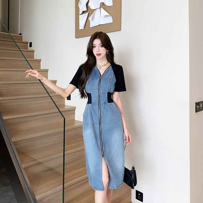 Chụp Thật Hàng Có Sẵn Đầm Xẻ Tà Phối Màu Sắc Tương Phản Phong Cách Retro Pháp Cao Cấp
