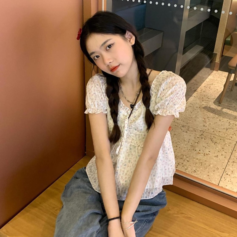 Áo Chiffon Cổ Vuông Tay Phồng In Họa Tiết Hoa Phong Cách Pháp Thời Trang Mới Cho Nữ