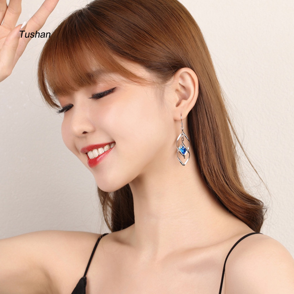 1 Đôi Bông Tai Treo Hình Thoi Đính Pha Lê Giả Hai Lớp Thời Trang Dành Cho Nữ