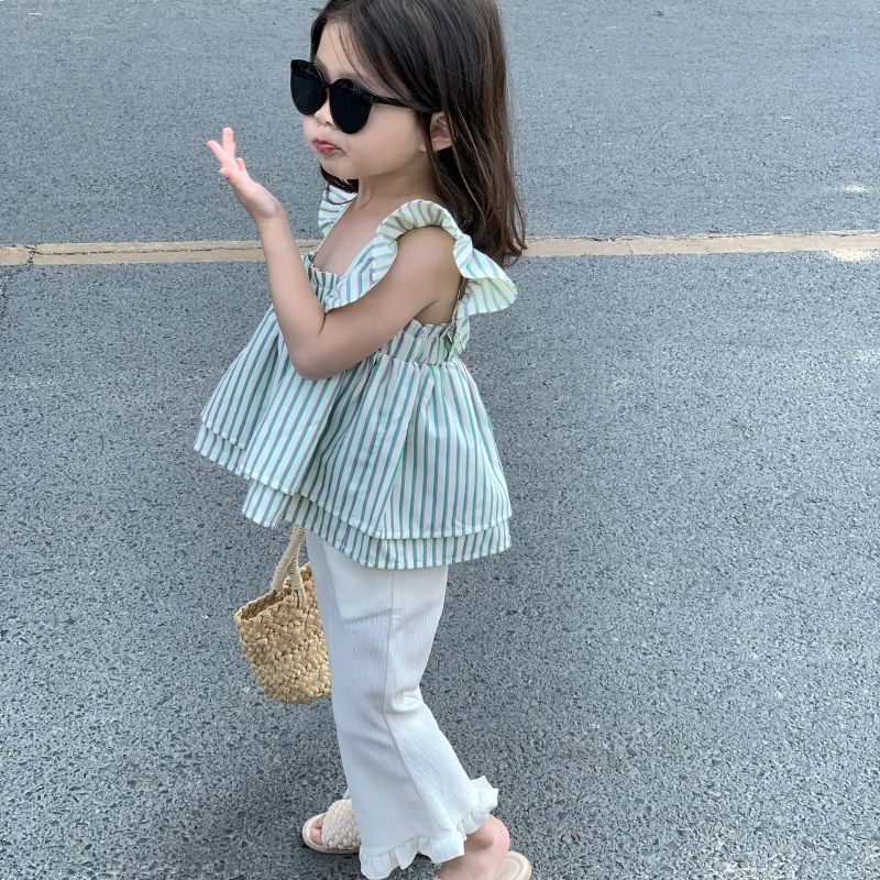 Set Đồ Mùa Hè 23 Món Gồm Áo Sơ Mi Kẻ Sọc + Quần Ống Loe Thời Trang Hàn Quốc Nhật Bản Mới Cho Bé Gái