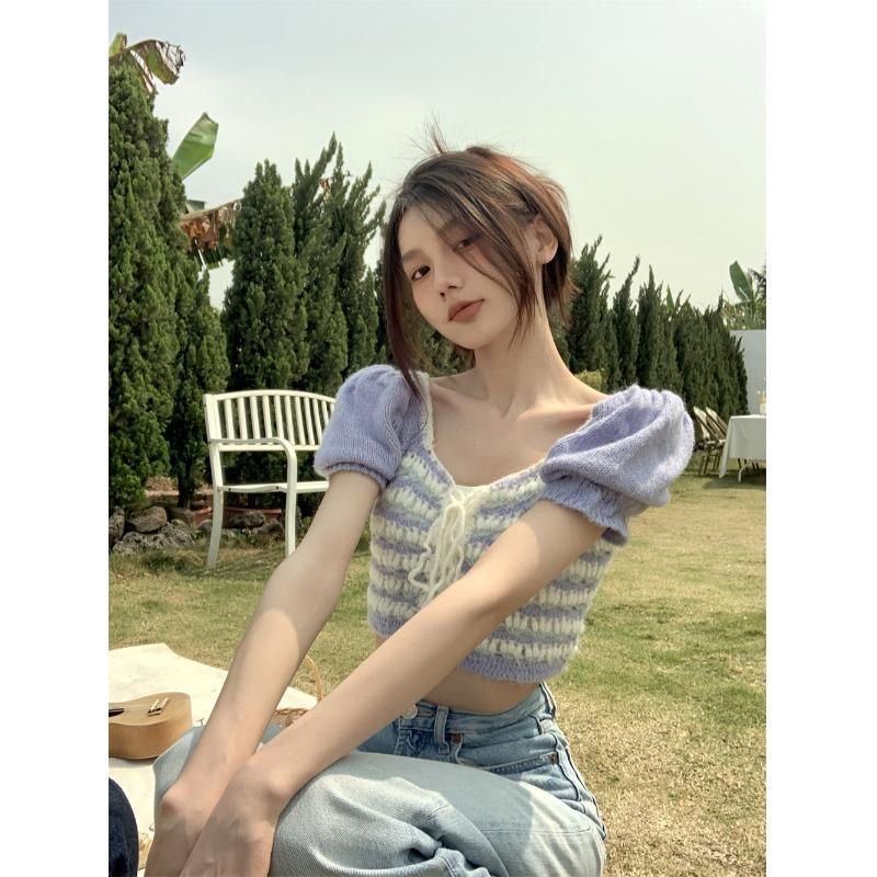 [F &amp; X] Áo Sweater Tay Phồng Cổ Vuông Thắt Dây Phong Cách Pháp Thanh Lịch Mùa Hè Cho Nữ