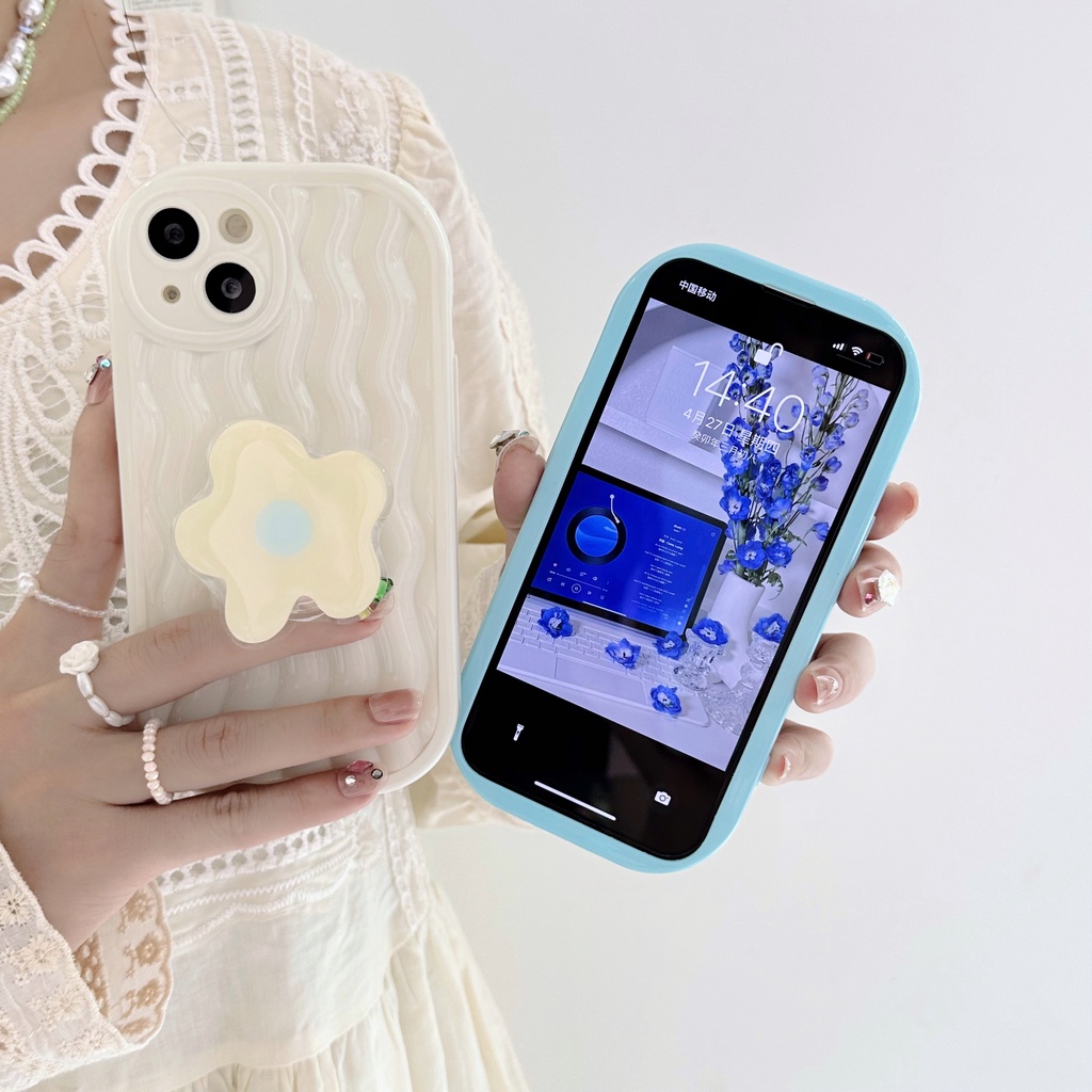 Ốp Điện Thoại TPU Silicon Mềm Chống Sốc Hình Hoa Màu Trơn Có Giá Đỡ Bảo Vệ Ống Kính Máy Ảnh Cho iPhone 13 12 11 Pro Max 14 Plus