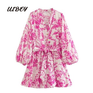 Uibey Đầm Cổ Đứng Nhấn Eo In Họa Tiết Thời Trang Xinh Xắn 9406