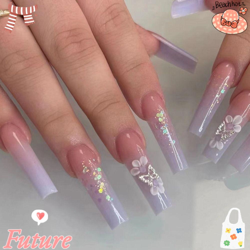 Set 24 Móng Tay Giả Màu Tím Che Phủ Toàn Diện Họa Tiết Bướm DIY