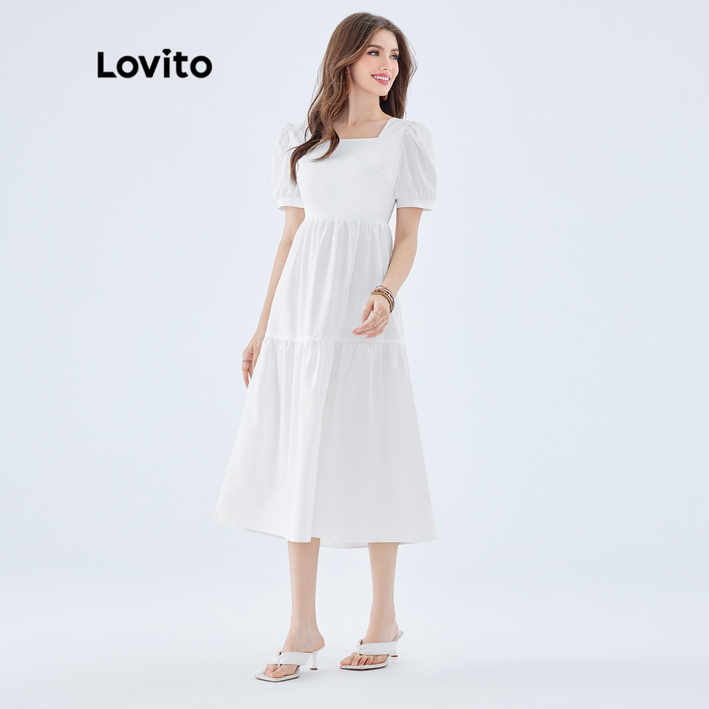 Đầm midi Lovito dáng chữ A tay ngắn thắt nơ sau lưng màu trơn phong cách boho cho nữ L49ED105 (màu trắng)
